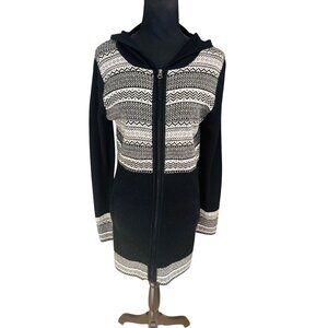 Telluride Womens Black White Long Hood Zip-Up Nordic Fair Isle Sweater Cardigan